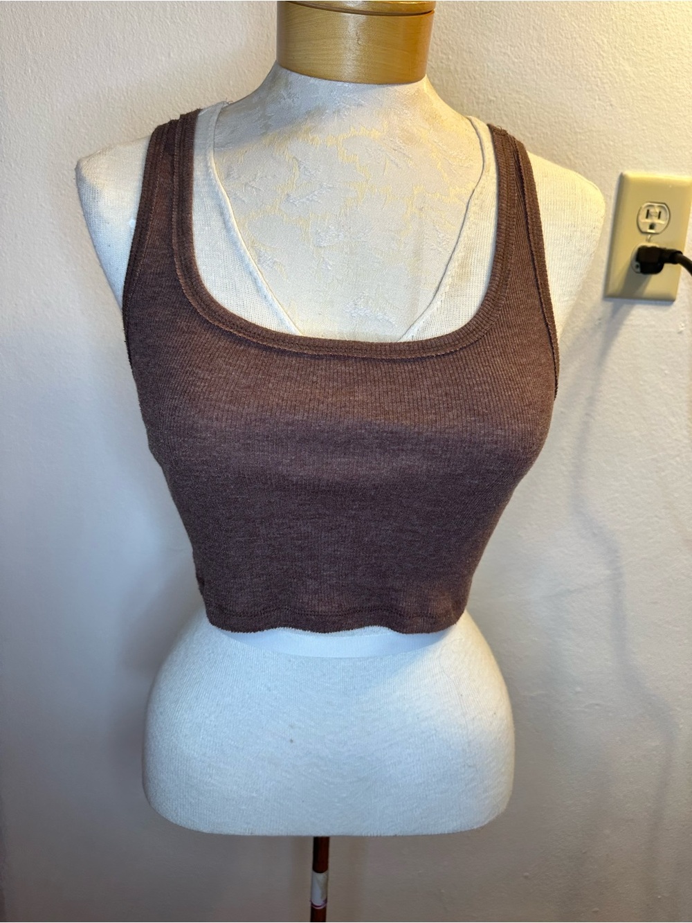 Free People Brown Ribbed Scoop Neck Crop Tank Top